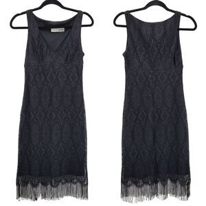 80s Necessary Objects Flapper Dress S Black Midi Lace Overlay Scallop Fringe Hem